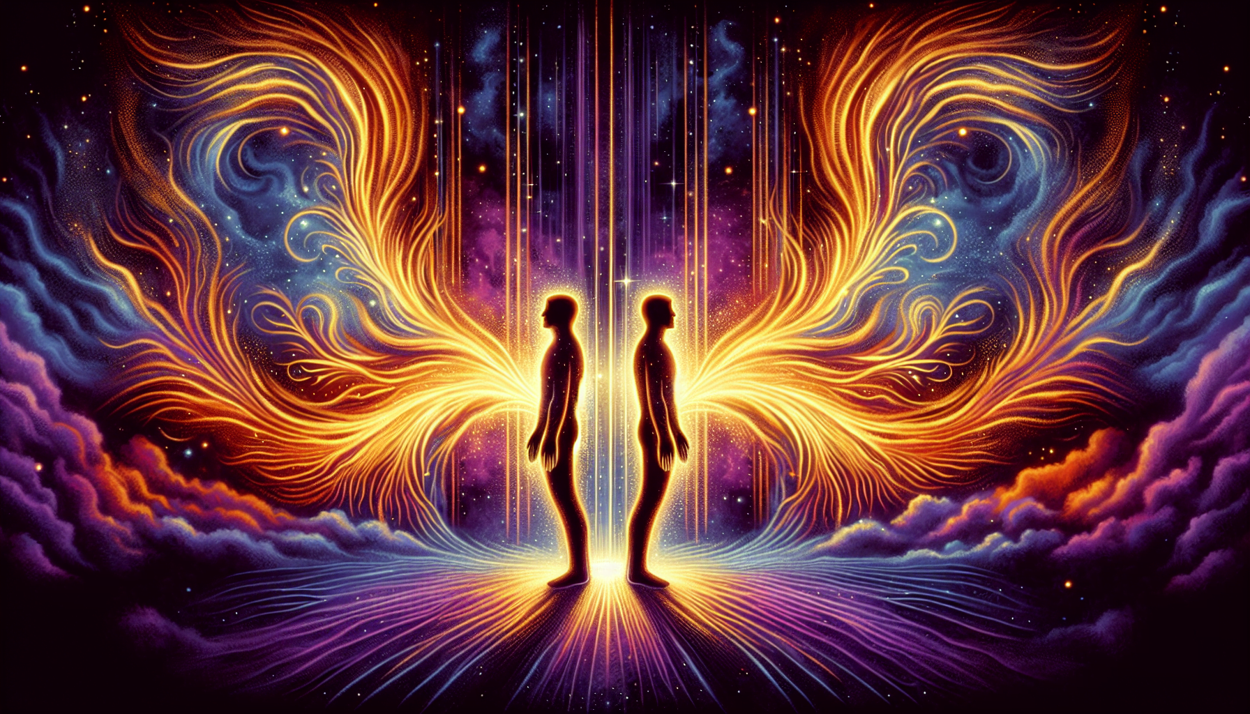 A vibrant digital artwork depicting two silhouetted figures against a cosmic background with symmetrical, wing-like patterns of light and energy emanating from a central point.