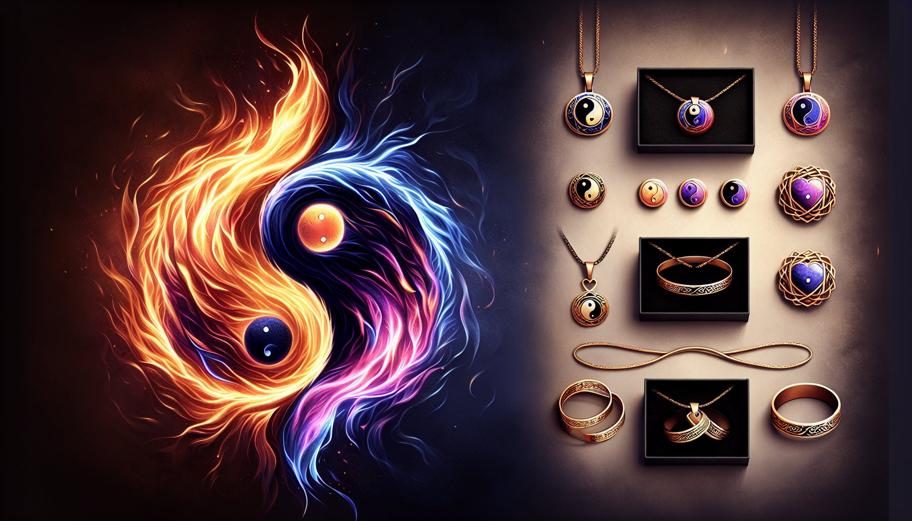 Digital artwork of a cosmic-themed yin and yang symbol accompanied by various pieces of jewelry with celestial designs, set against a dark background.