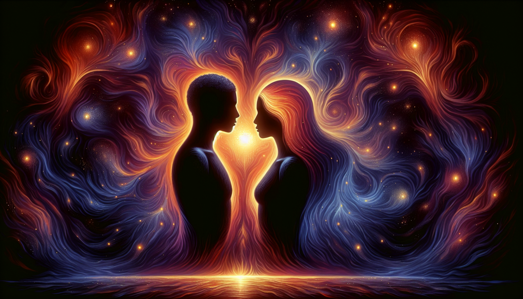 Digital artwork of a silhouette of a couple against a cosmic background with vibrant swirls and stars, suggesting a romantic and mystical theme.