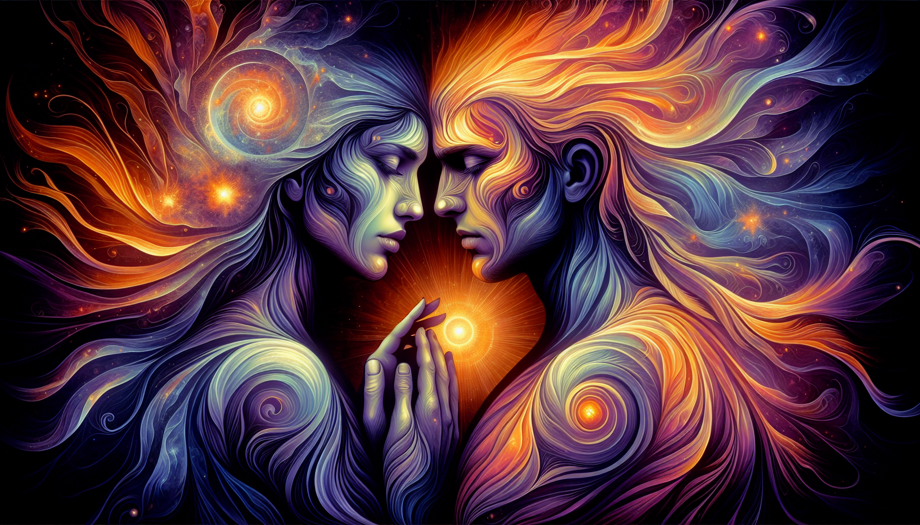 A vibrant, psychedelic illustration of two faces in profile, with swirling hair and cosmic elements, reflecting a theme of unity and mysticism.