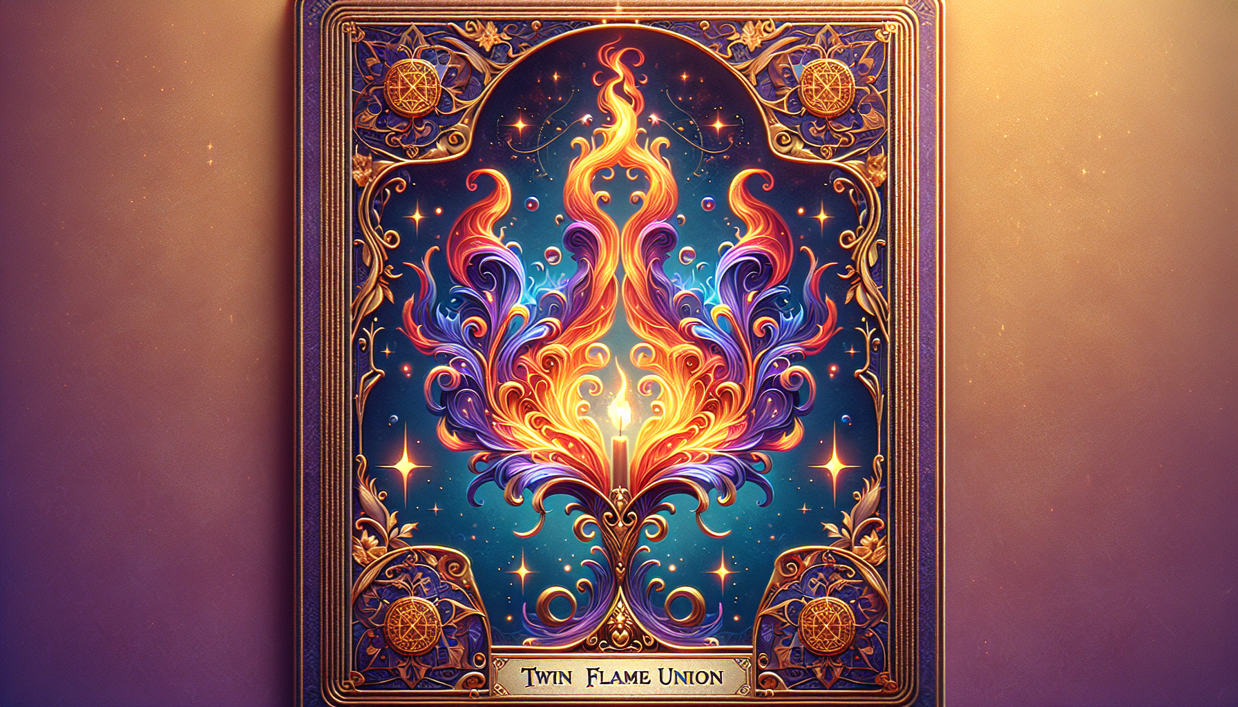 The image is a vibrant, ornate illustration featuring a symmetrical design with two flames merging at the center against a dark blue background, surrounded by decorative patterns and golden accents. The text "Twin Flame Union" is displayed at the bottom.