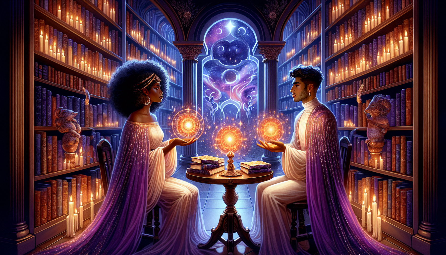 Two individuals facing each other, holding glowing orbs, with a cosmic entity in the background, surrounded by tall bookshelves in a mystical library setting.