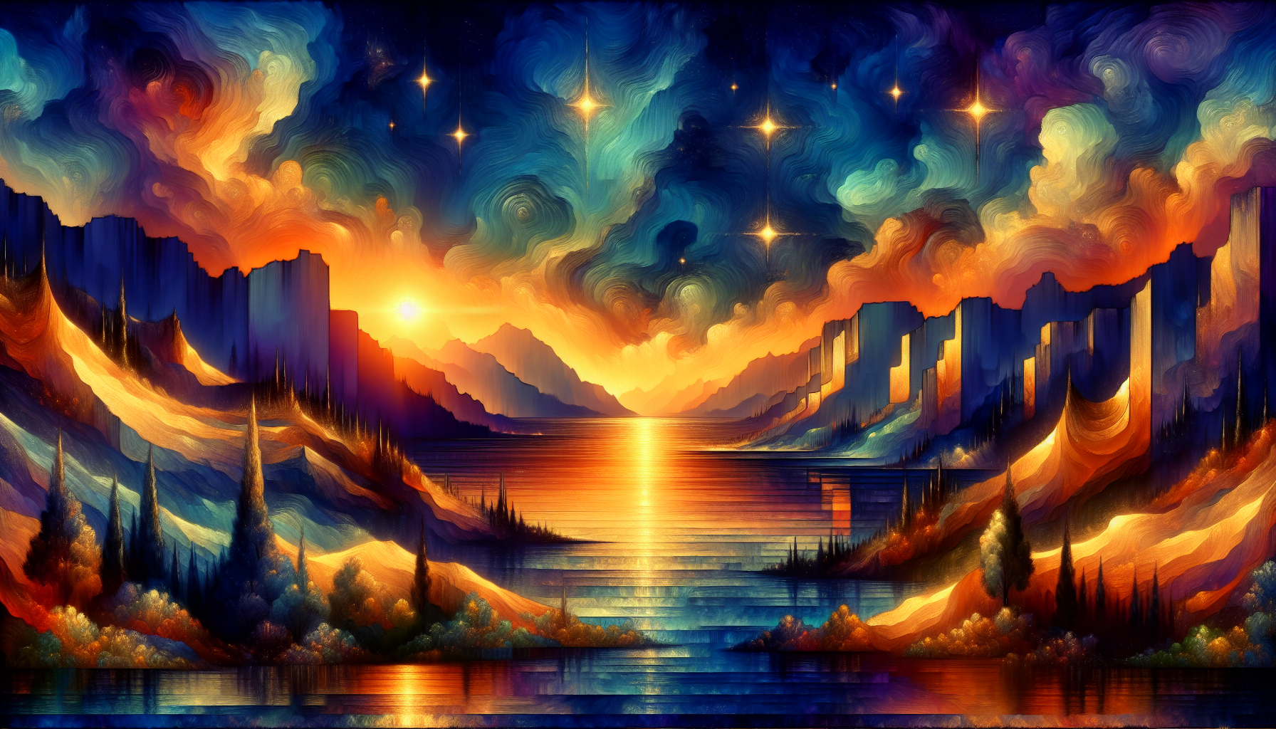 Vibrant, colorful artwork of a fantasy landscape with mountains, a sunset over water, swirling clouds, and glowing stars.