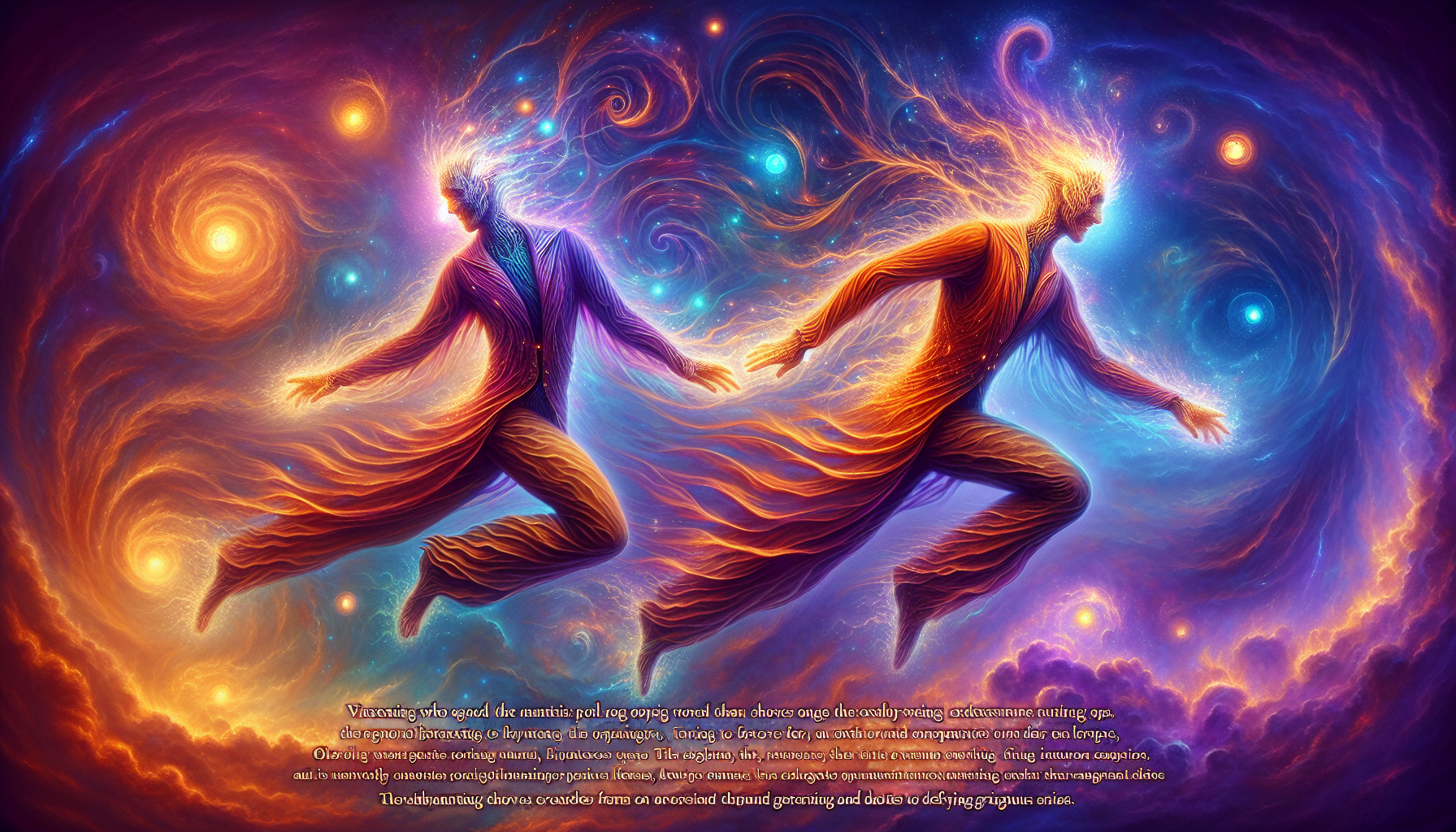 Two ethereal figures dance gracefully against a vibrant cosmic background with swirling nebulas and stars.