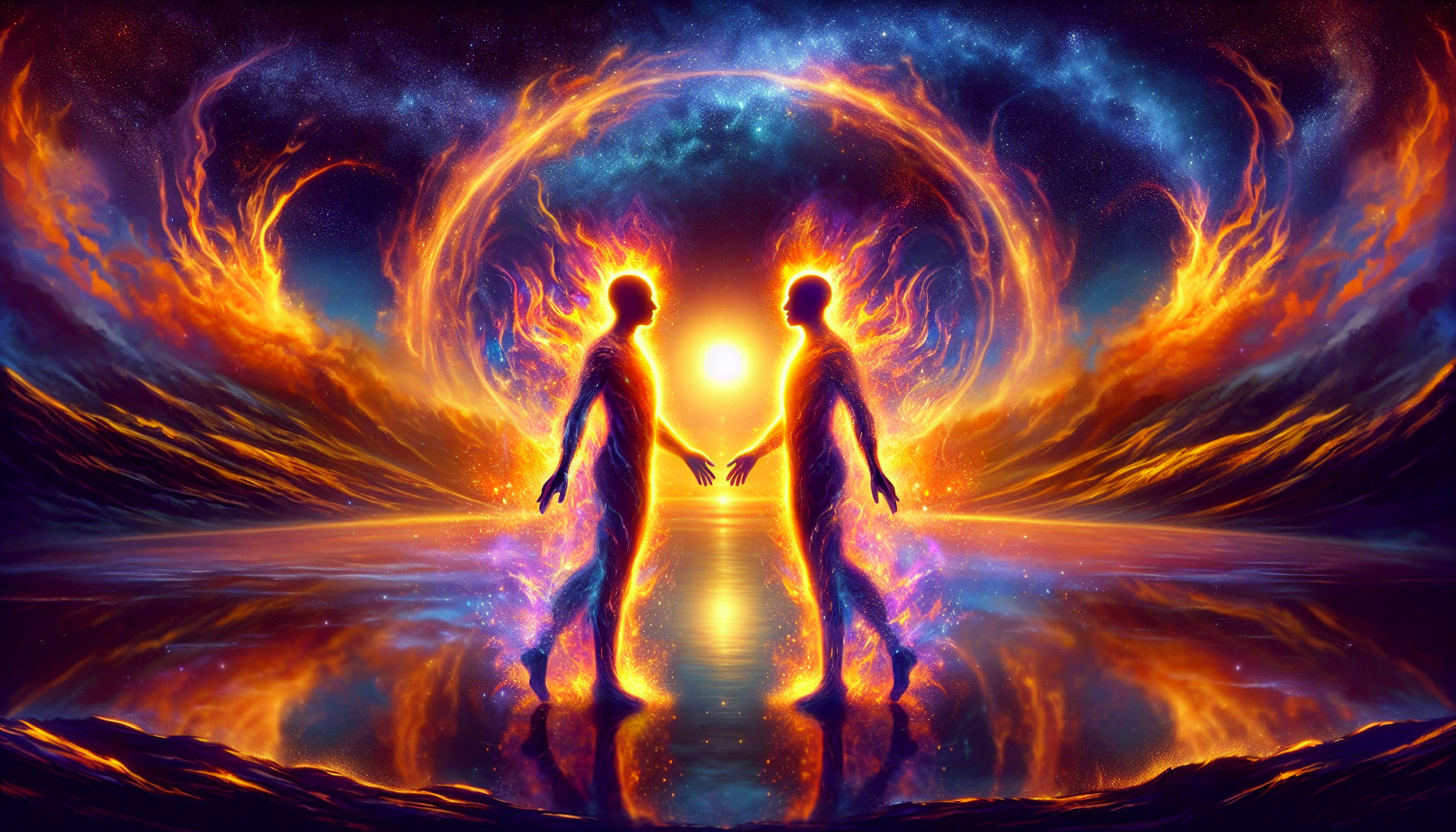 Two silhouetted figures with cosmic patterns on their bodies hold hands against a vibrant, celestial background with a glowing orb between them, reflecting on a water-like surface.