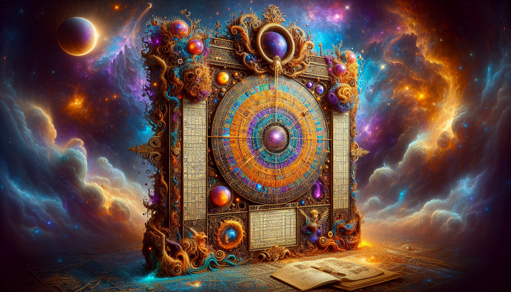 A fantastical cosmic scene with an ornate, celestial clock surrounded by swirling galaxies, planets, and nebulas against a starry space backdrop, with an open book in the foreground.