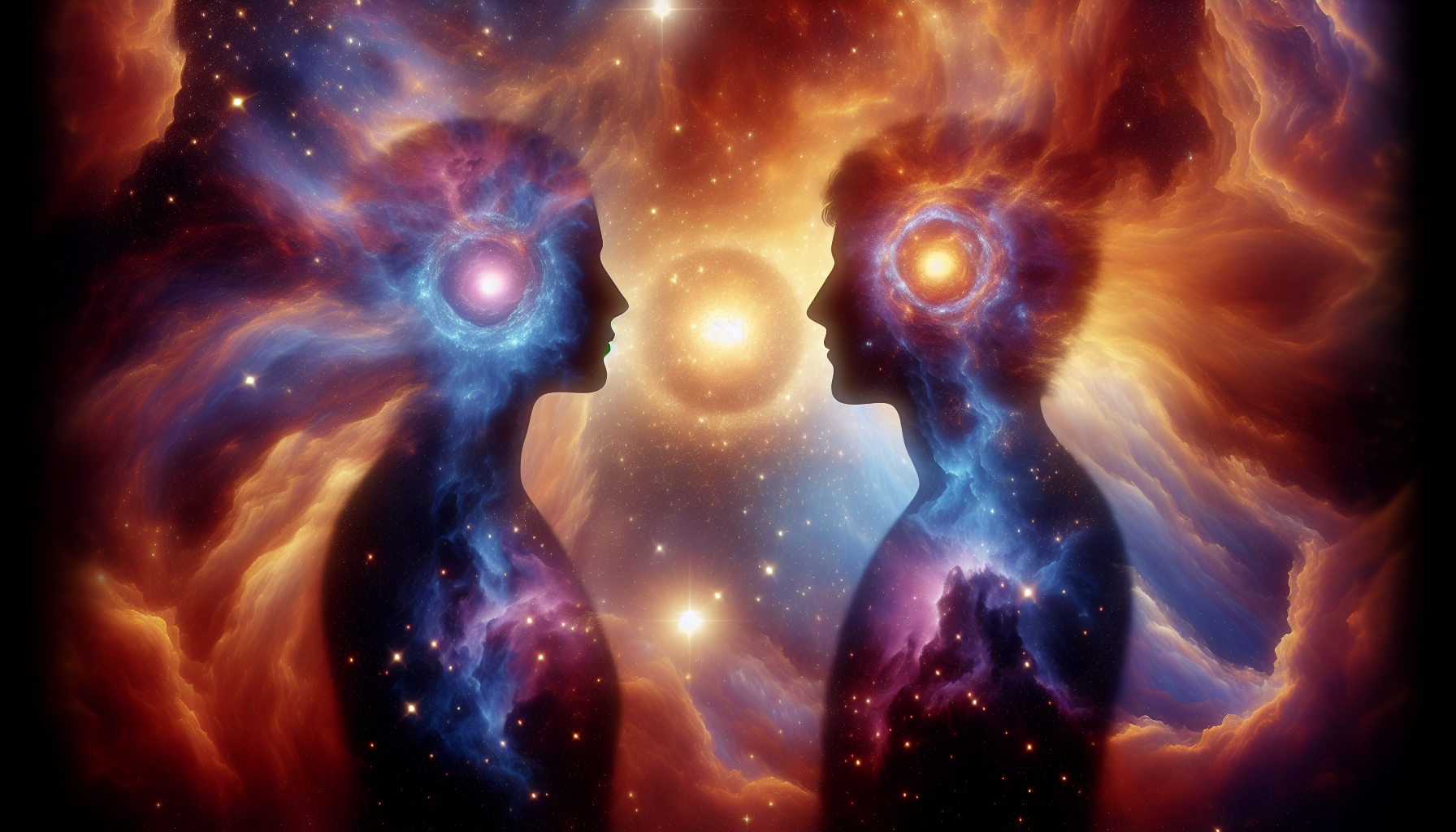 Two silhouetted figures with cosmic patterns and glowing elements within them face each other against a backdrop of vibrant nebulae and stars.