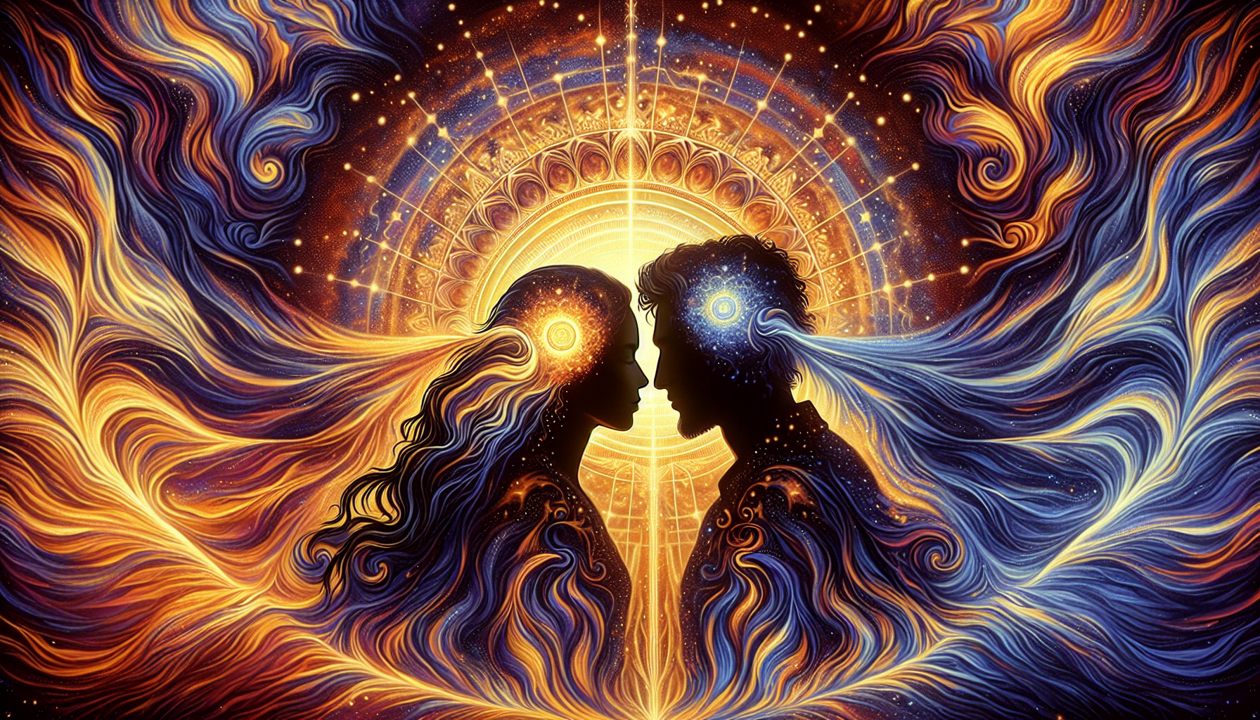 A vibrant, psychedelic illustration featuring two silhouetted profiles facing each other against a backdrop of swirling patterns and celestial motifs, with a central sun or light source merging their foreheads.