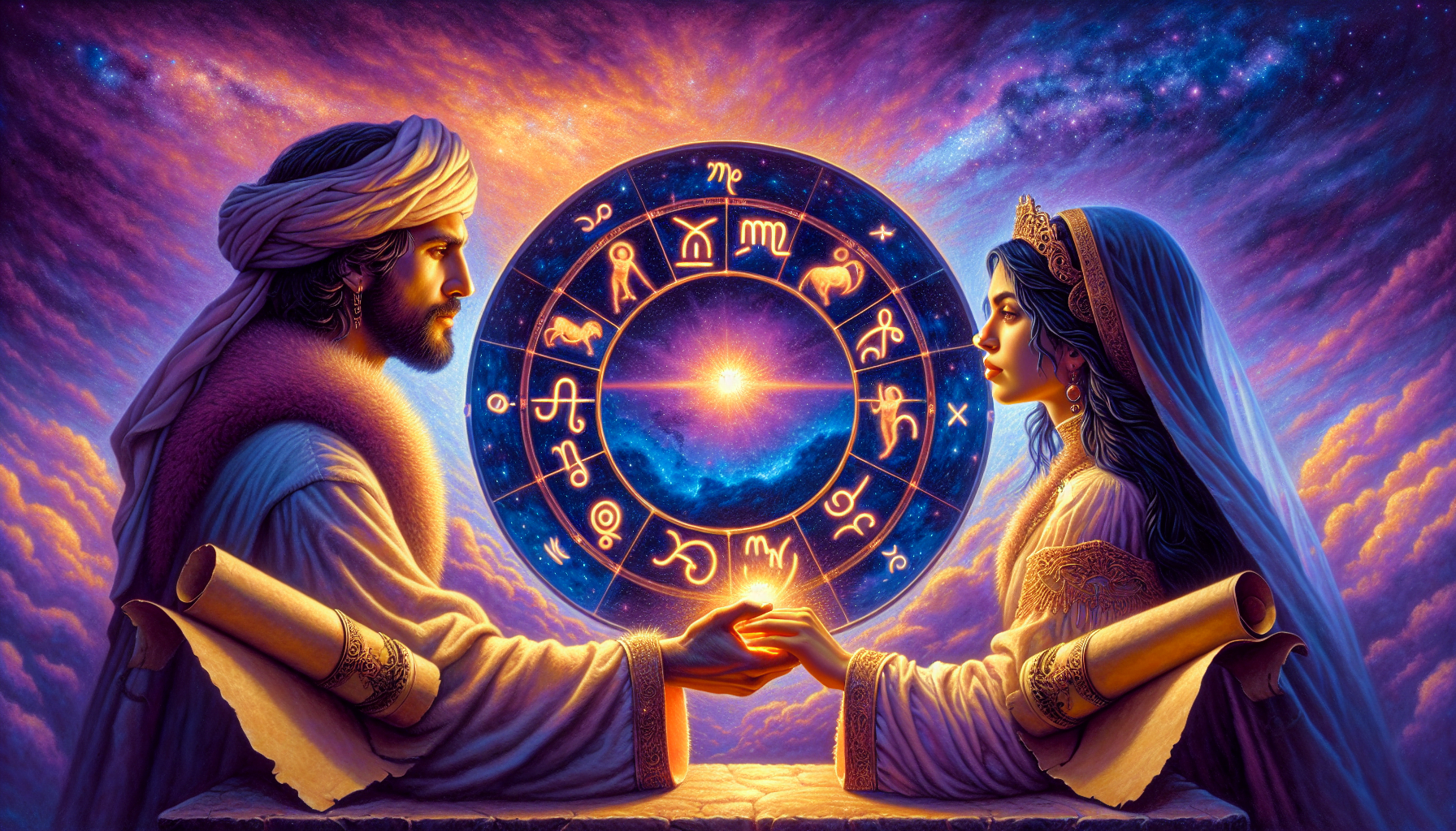 A man and a woman in regal attire holding hands across a table, with a large, glowing zodiac wheel between them against a cosmic backdrop with clouds and stars.