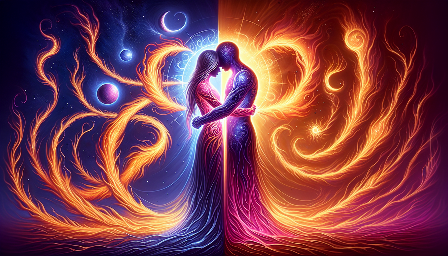 A vibrant digital artwork depicting two silhouetted figures embracing, surrounded by swirling cosmic elements and fiery patterns against a starry backdrop.