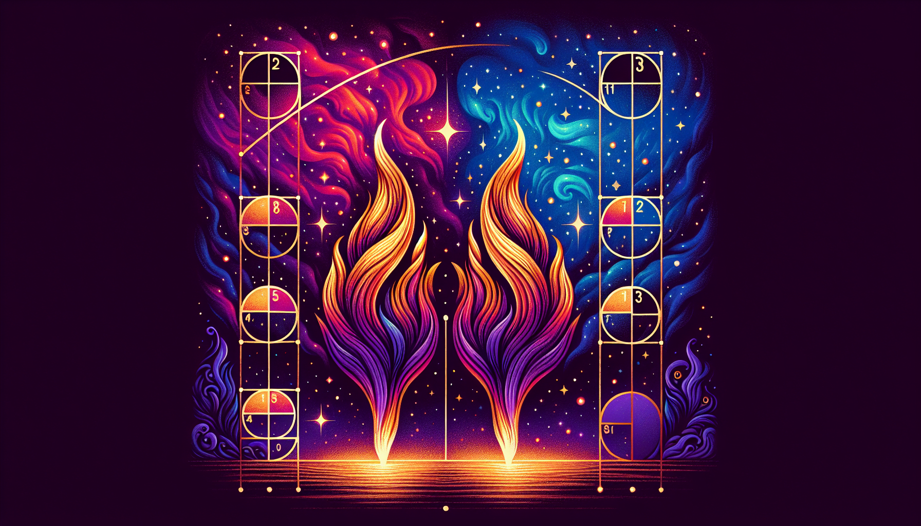 Colorful digital artwork featuring two symmetrical, stylized flames with a cosmic background, incorporating elements of the Fibonacci sequence and celestial bodies within geometric frames.