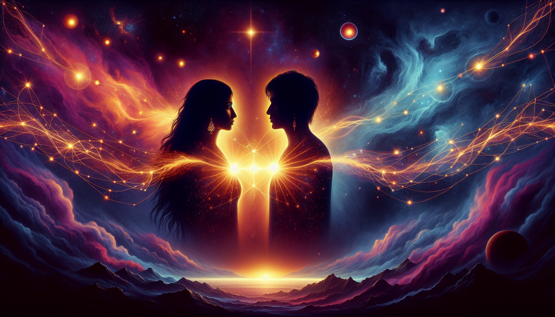 Silhouettes of a man and a woman facing each other with a cosmic background, featuring stars, nebulae, and celestial bodies, connected by glowing light strands.