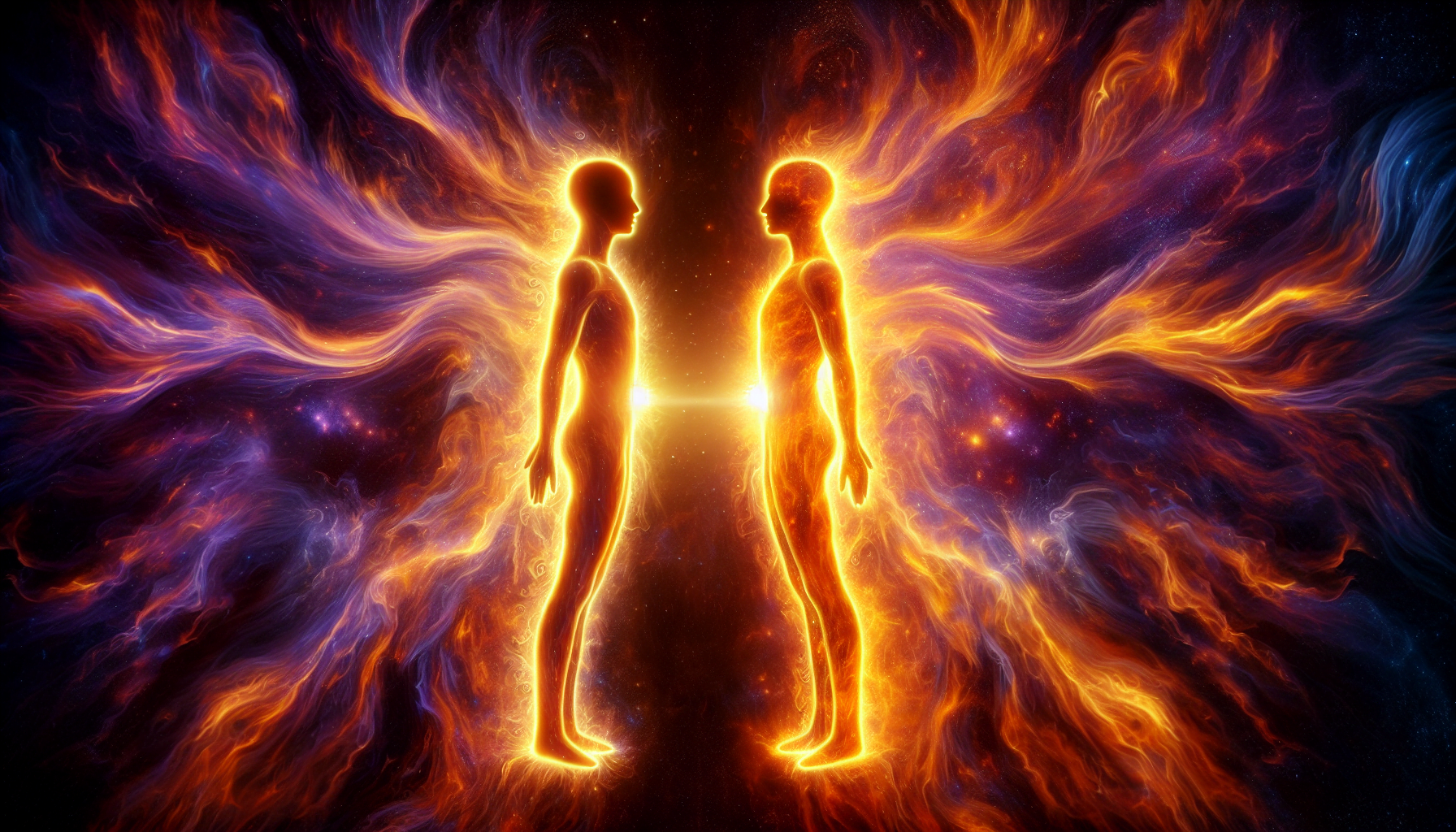 Two glowing, human-like figures facing each other with a vibrant cosmic background.