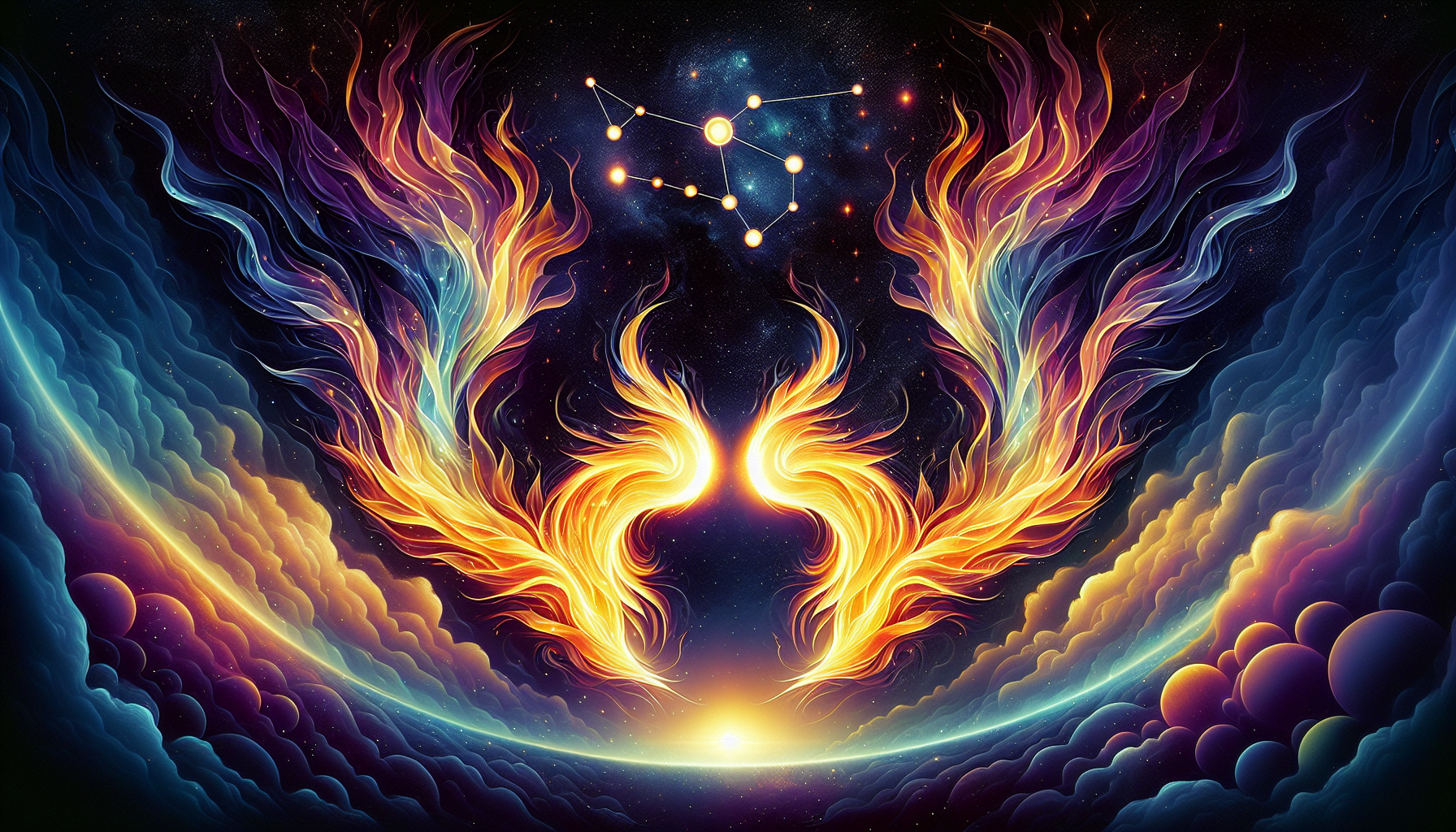 Vibrant digital artwork featuring two symmetrical phoenix-like wings of fire emanating from a central radiant light, with a cosmic background and a constellation above.