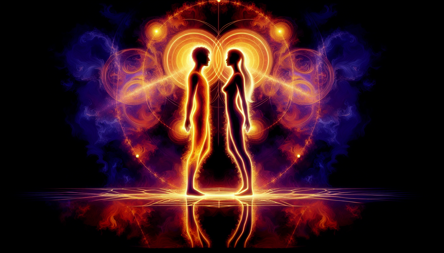 Abstract image of two human silhouettes with a fiery glow, standing opposite each other against a dark background with ornate, symmetrical orange and yellow fractal patterns.