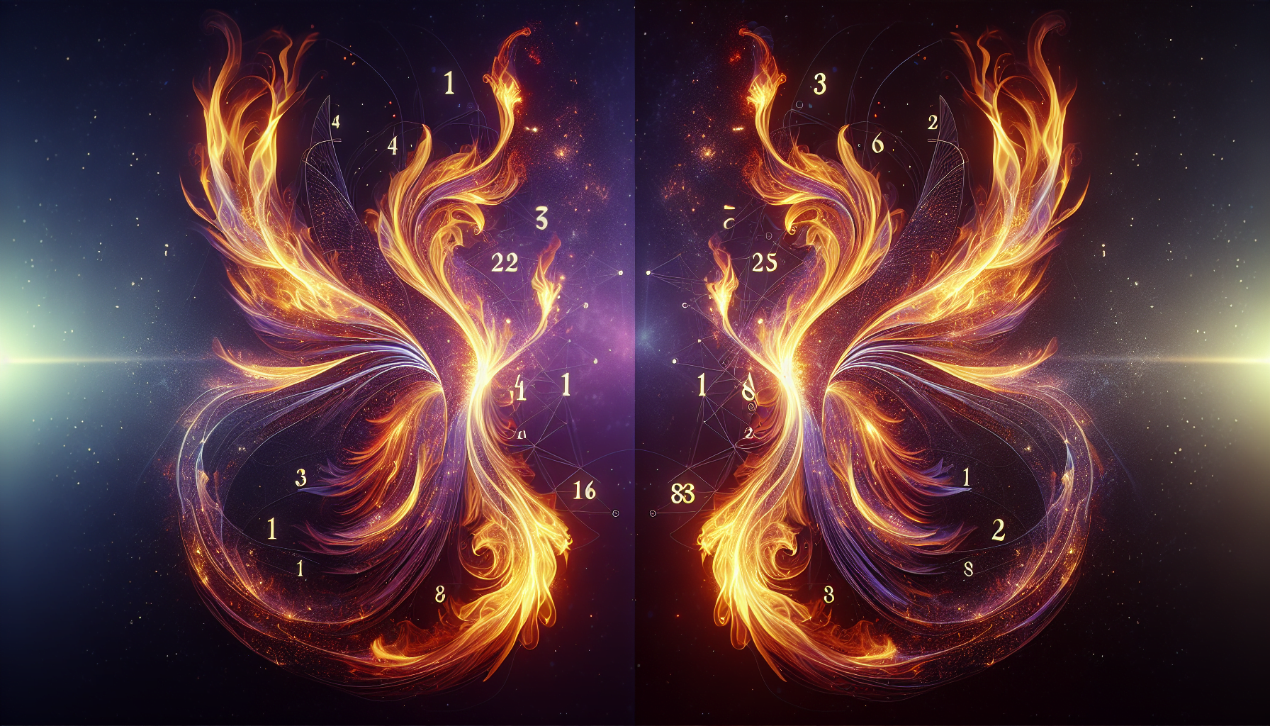 A digital artwork depicting two symmetrical, fiery phoenix illustrations against a starry cosmic background, with various numbers superimposed on each image, possibly indicating steps or layers in the design process.