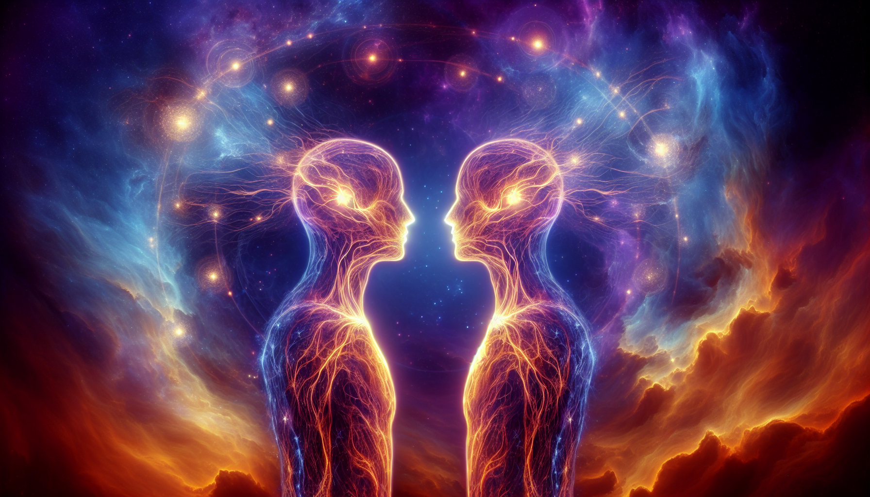 Digital artwork of two glowing, translucent human figures facing each other with a cosmic background, connected by a string of stars forming an arch above their heads.