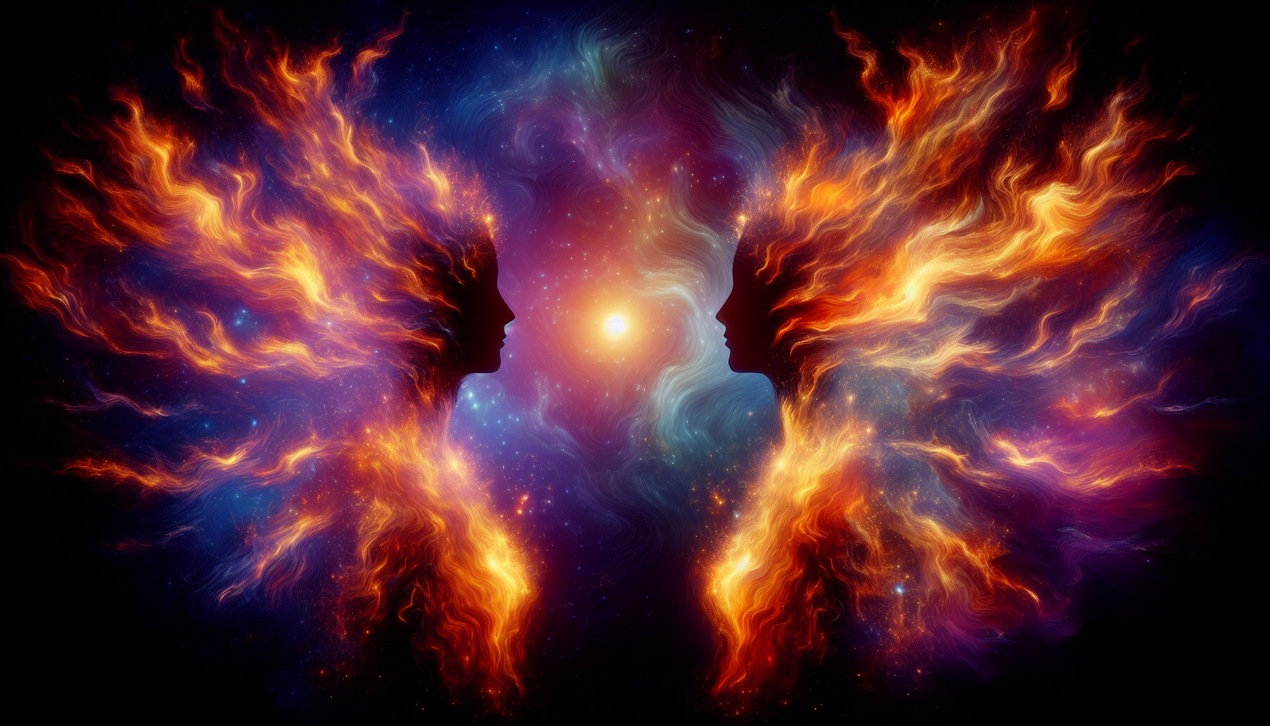 A vibrant digital artwork depicting two silhouetted profiles facing each other with a cosmic background of swirling nebulae and fiery colors.