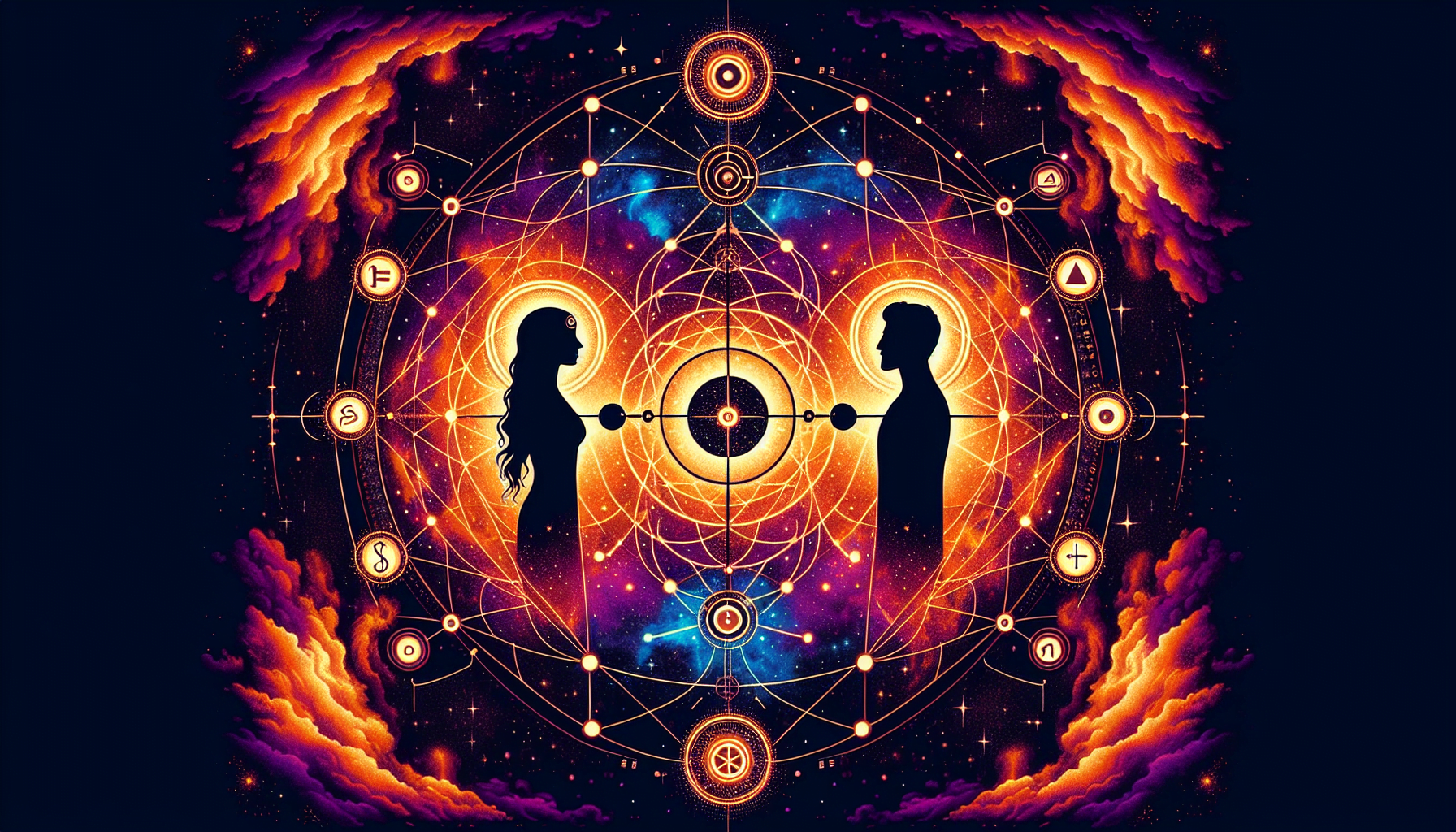 A vibrant digital artwork featuring two silhouetted human figures facing each other with a backdrop of cosmic imagery, geometric patterns, and fiery cloud-like formations.