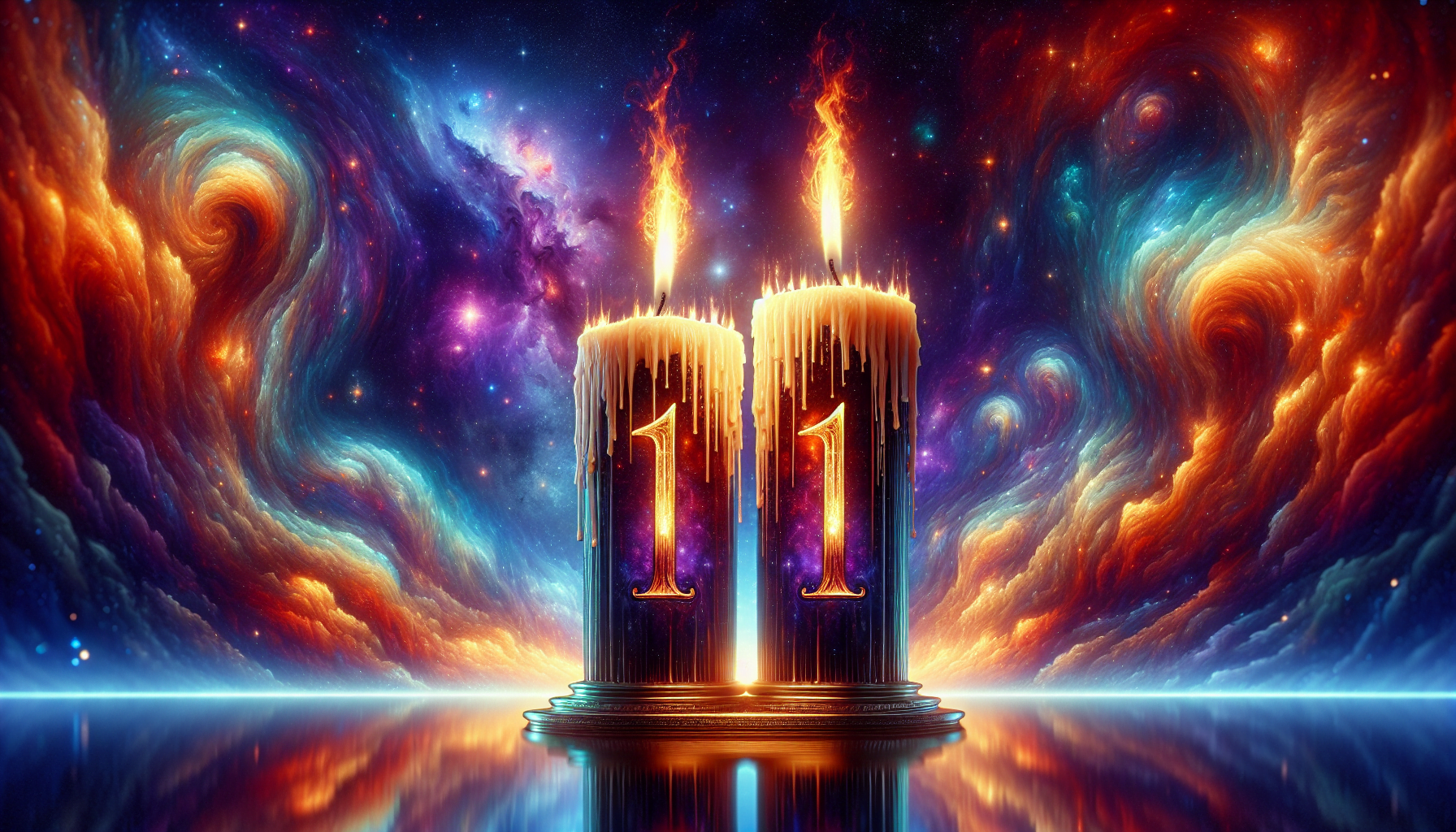 A fantasy image featuring three lit candles with melting wax on a pedestal, set against a vibrant cosmic background with swirling galaxies and stars.