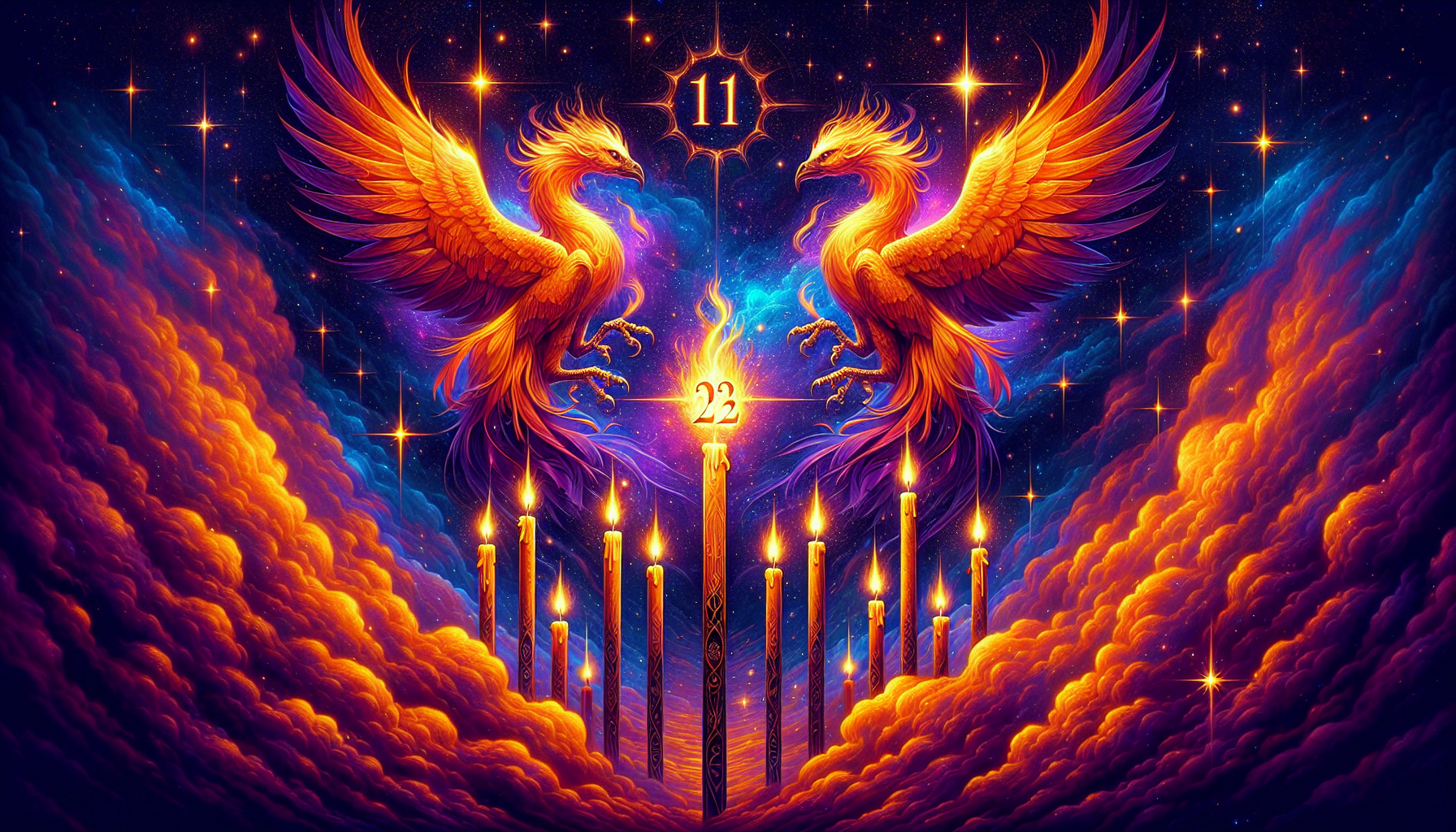 Digital artwork of two symmetrical phoenixes facing each other with wings spread, surrounded by clouds and stars, with a central glowing orb and eleven lit candles below.