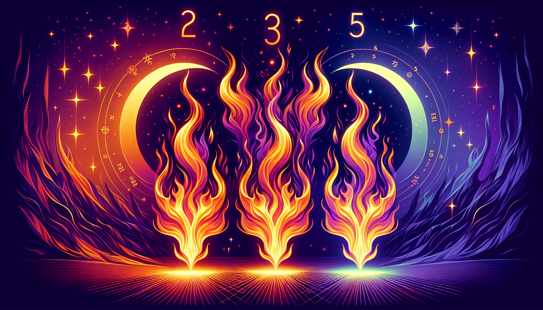 A vibrant illustration with five flames, each beneath numbers one to five, set against a cosmic background with stars and crescent moon shapes.