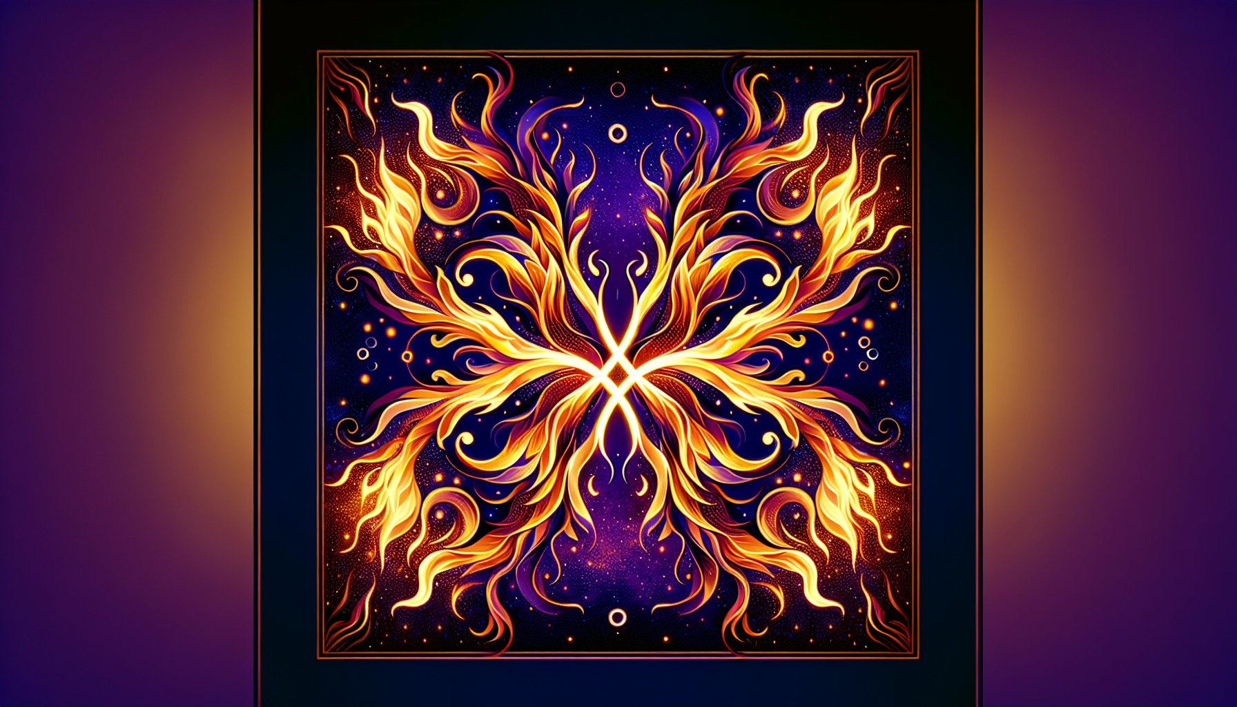 Abstract symmetrical flame-like design with orange and yellow patterns on a dark blue background.