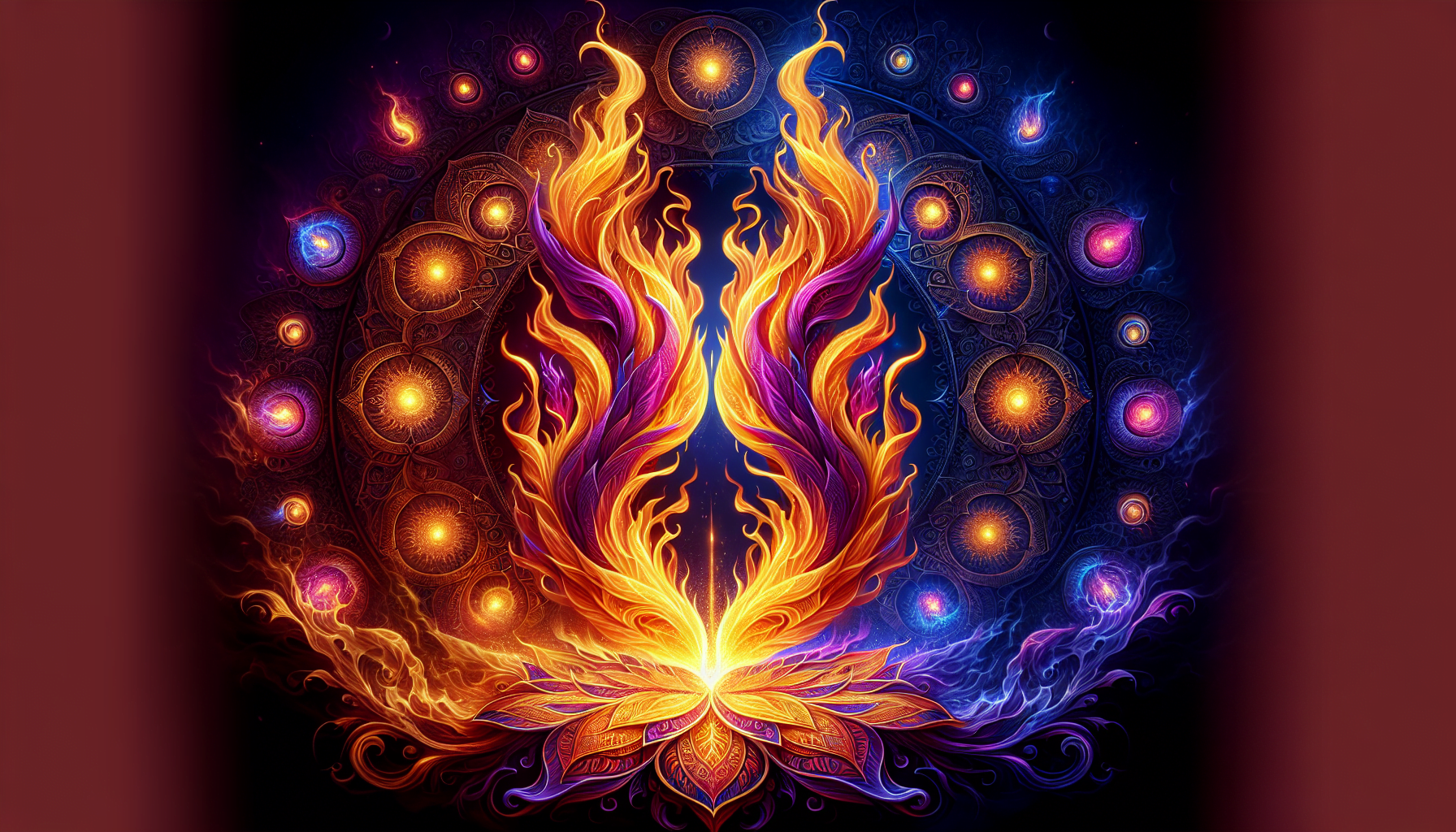 Digital artwork of a vibrant, stylized flame with a lotus-like base, surrounded by ornate circular patterns against a dark blue background.