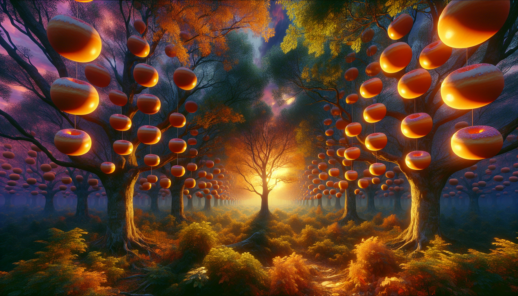 A fantastical forest with trees and oversized, brightly colored spheres hanging from the branches, bathed in the warm glow of a setting or rising sun.