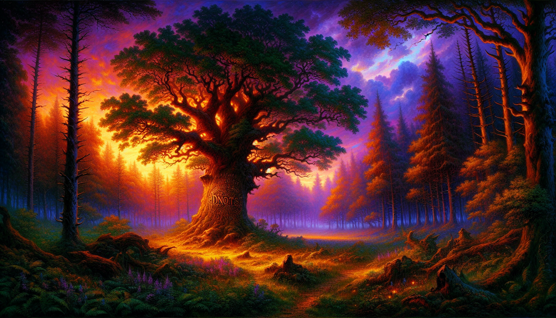 Vividly colored fantasy forest with an imposing tree at the center, surrounded by mystical light and a variety of smaller trees.