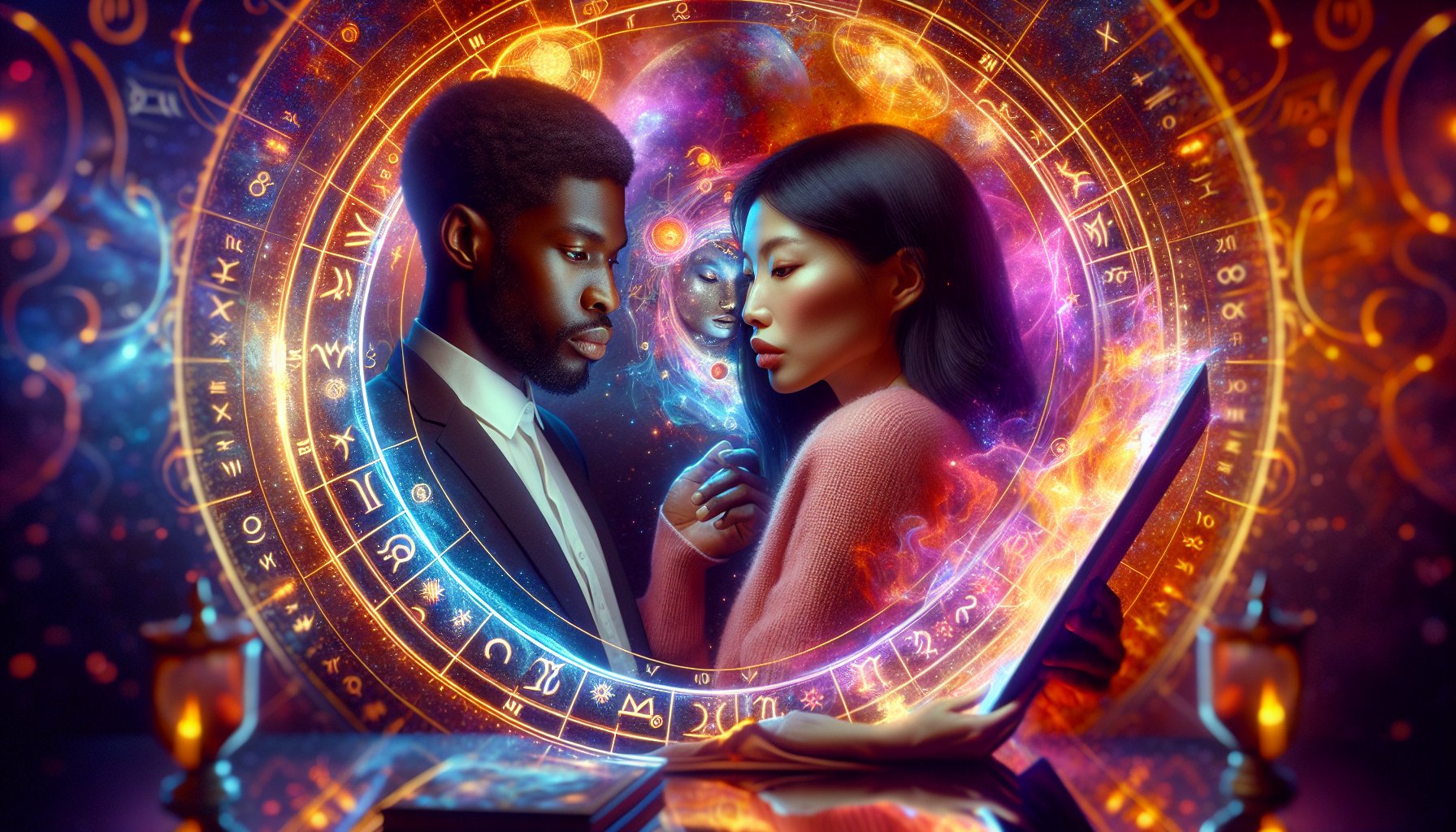 A digital artwork of a man and a woman close together with their profiles facing each other, surrounded by a colorful cosmic background with zodiac signs and symbols.