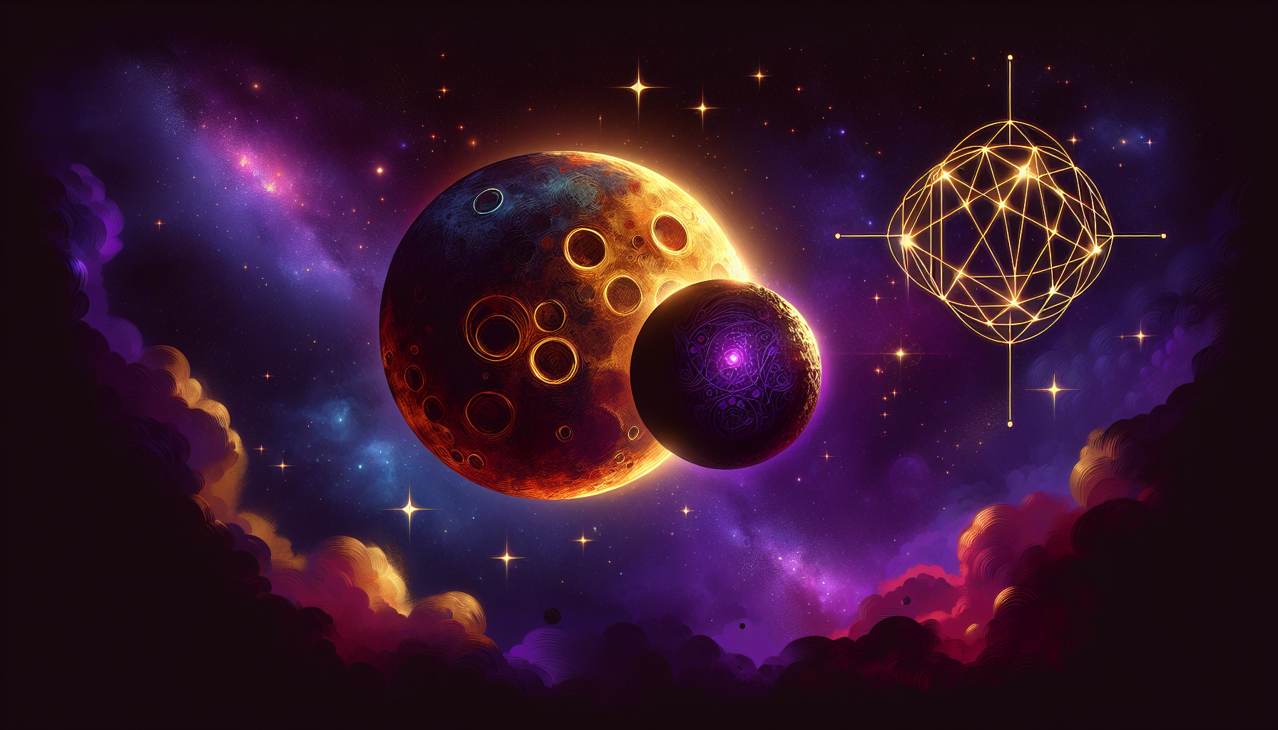 A vibrant digital artwork of a cosmic scene with two planets, one with visible craters, and a geometric shape against a starry nebula background.