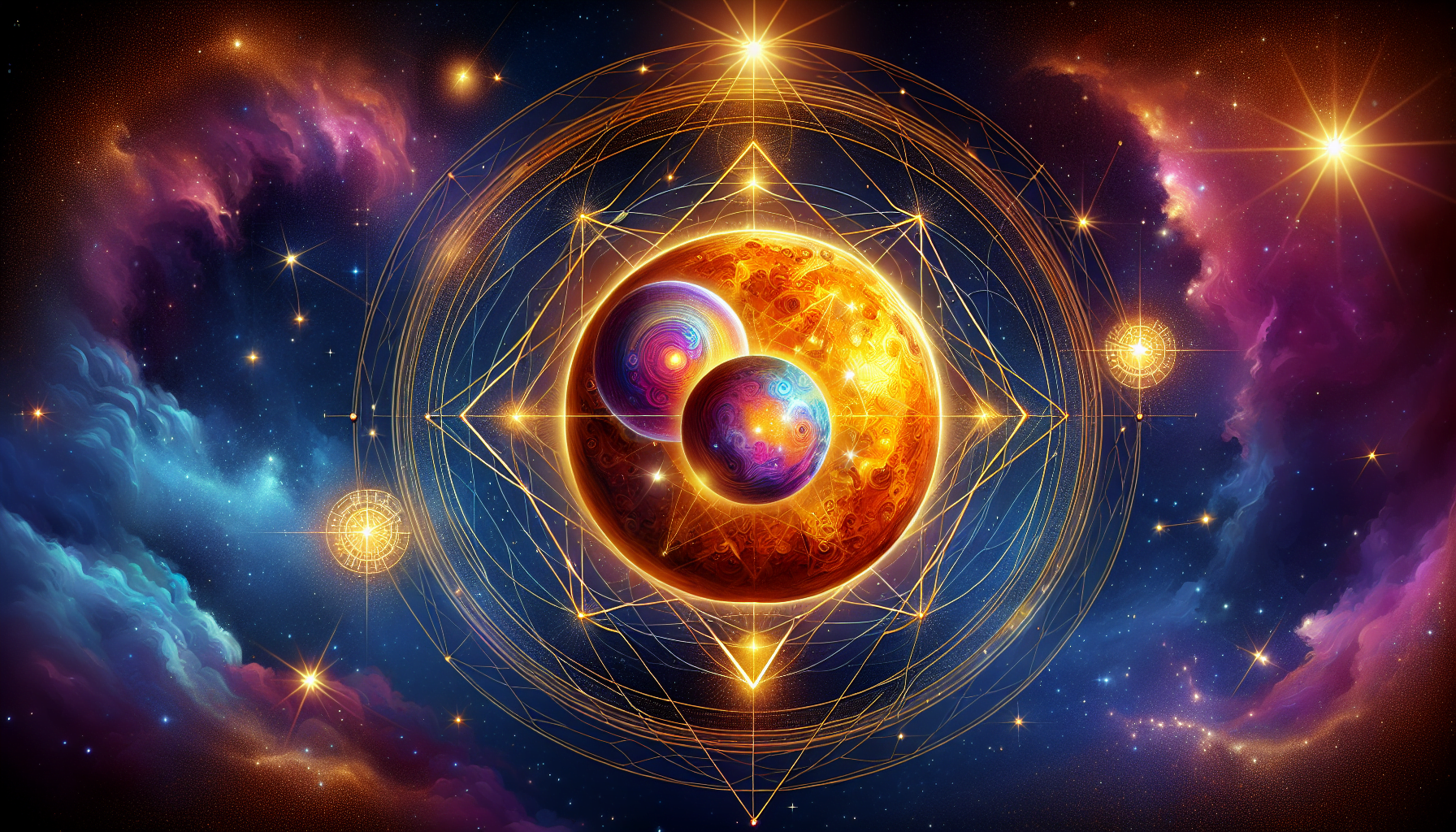 Digital artwork of a cosmic scene with a stylized central sun, surrounded by orbiting planets and geometric shapes, set against a vibrant nebula and starry background.