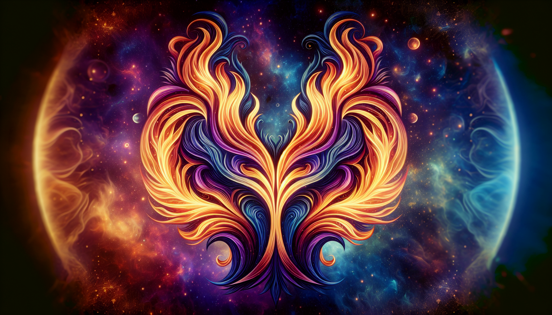 A vibrant digital artwork of a symmetrical, flame-like pattern resembling a winged heart set against a cosmic background with swirling galaxies.