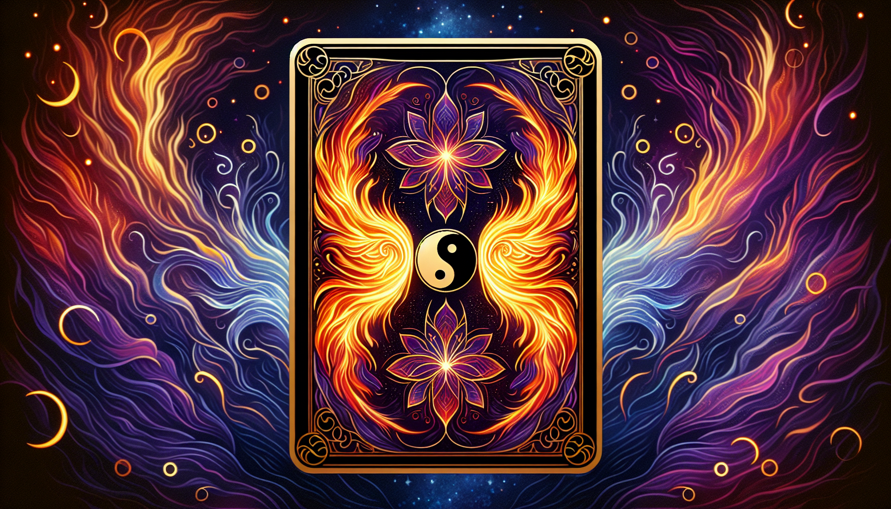 Vivid illustration of a tarot card featuring a yin-yang symbol surrounded by ornate flames and cosmic patterns against a starry night sky background.