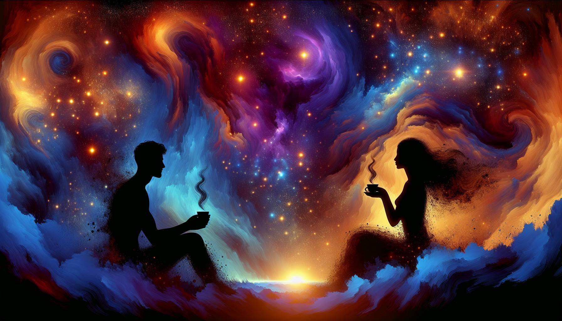 A digital artwork of two silhouetted figures sitting opposite each other with a vibrant cosmic background of swirling galaxies and stars.