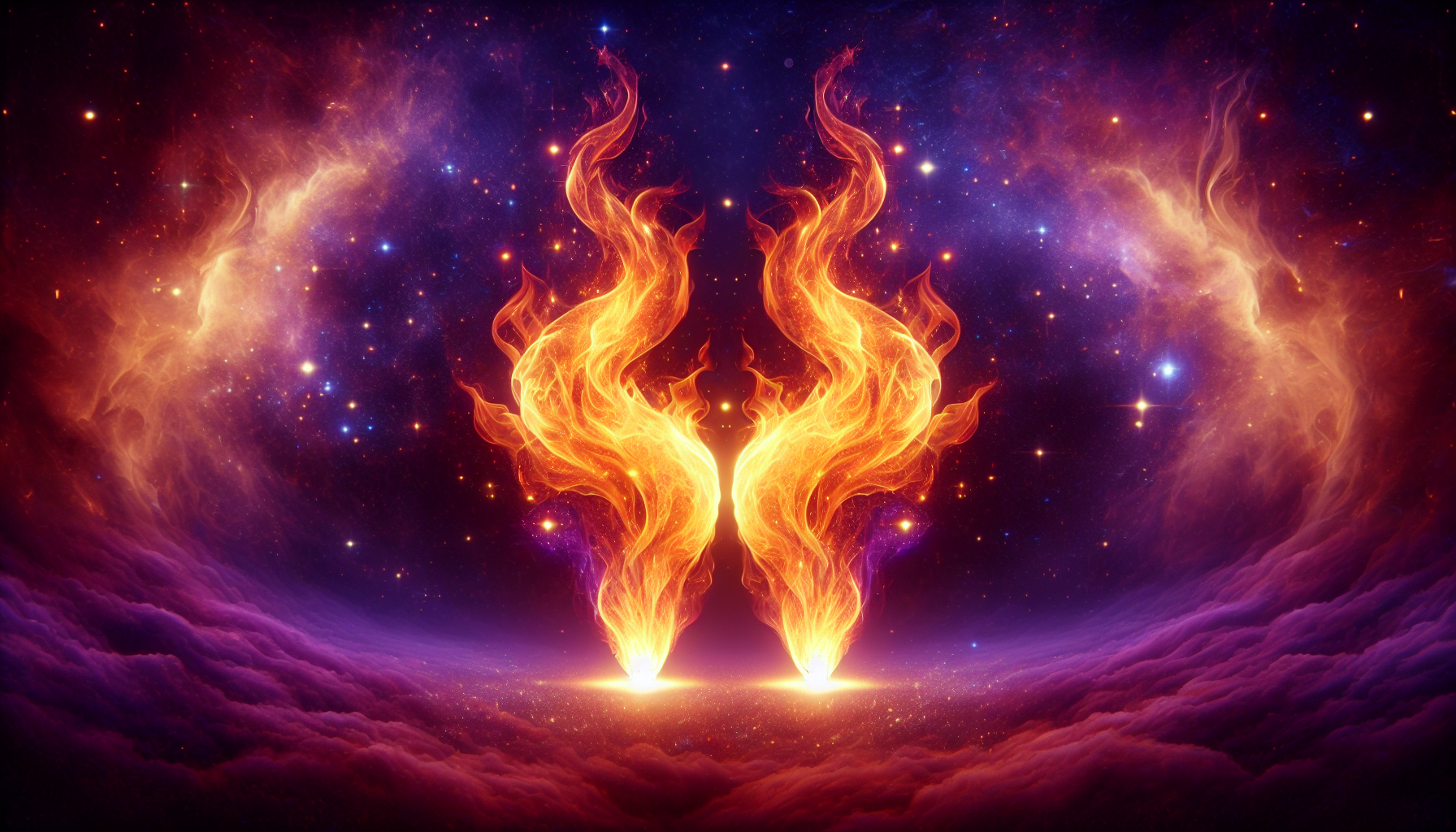 A digital artwork of two fiery phoenixes rising symmetrically with a cosmic star-filled background.