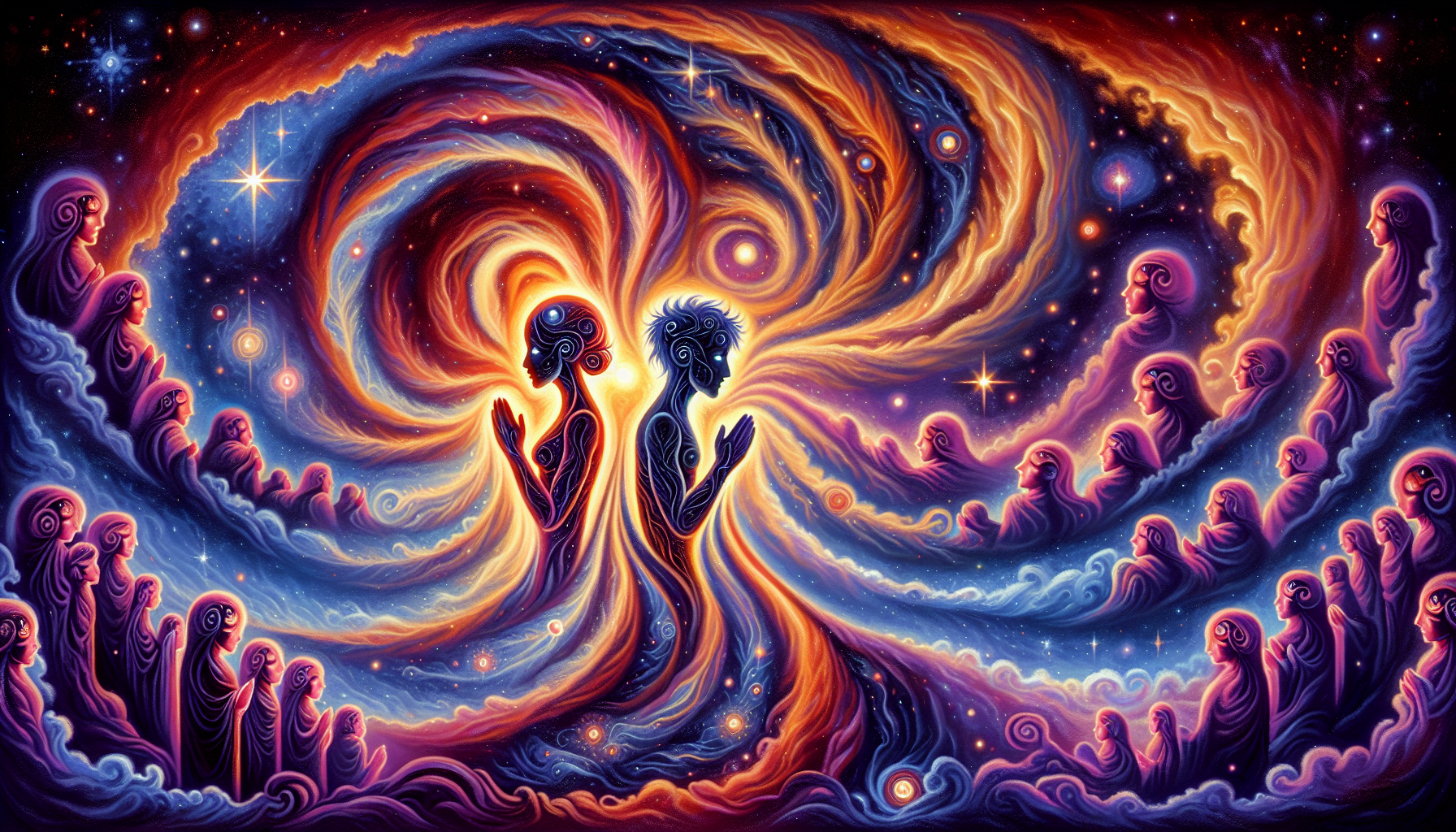 Psychedelic artwork of two humanoid figures with swirled heads holding hands, surrounded by a swirling galaxy and silhouetted figures against a starry backdrop.