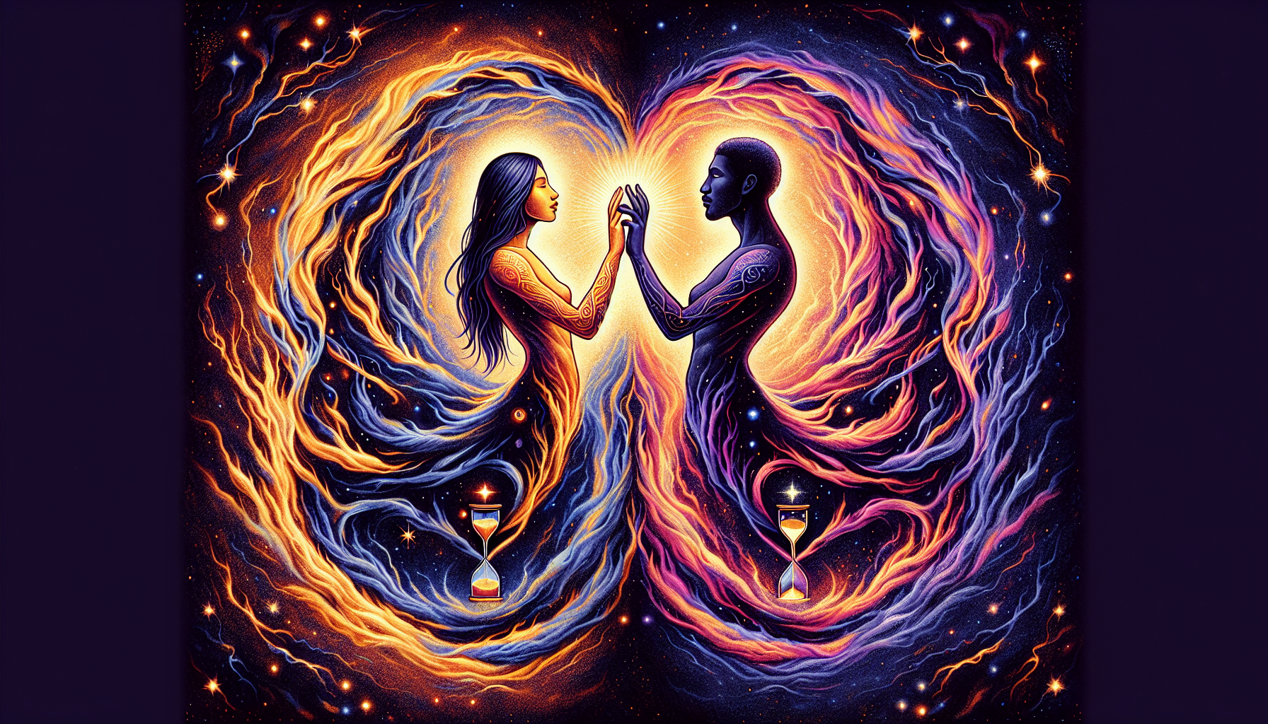 An illustration of a man and a woman facing each other with their hands almost touching, surrounded by swirling cosmic energy forming a heart shape, against a starry space background.