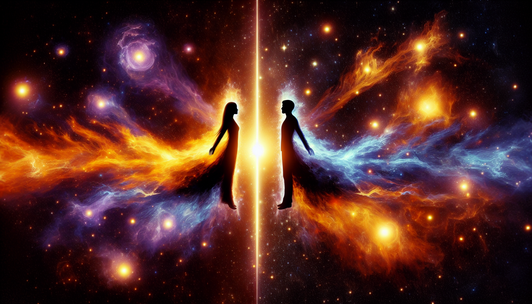 A digital artwork depicting silhouettes of a man and a woman facing each other, with their forms blending into a vibrant cosmic background of stars, nebulae, and galaxies, separated by a bright vertical light.