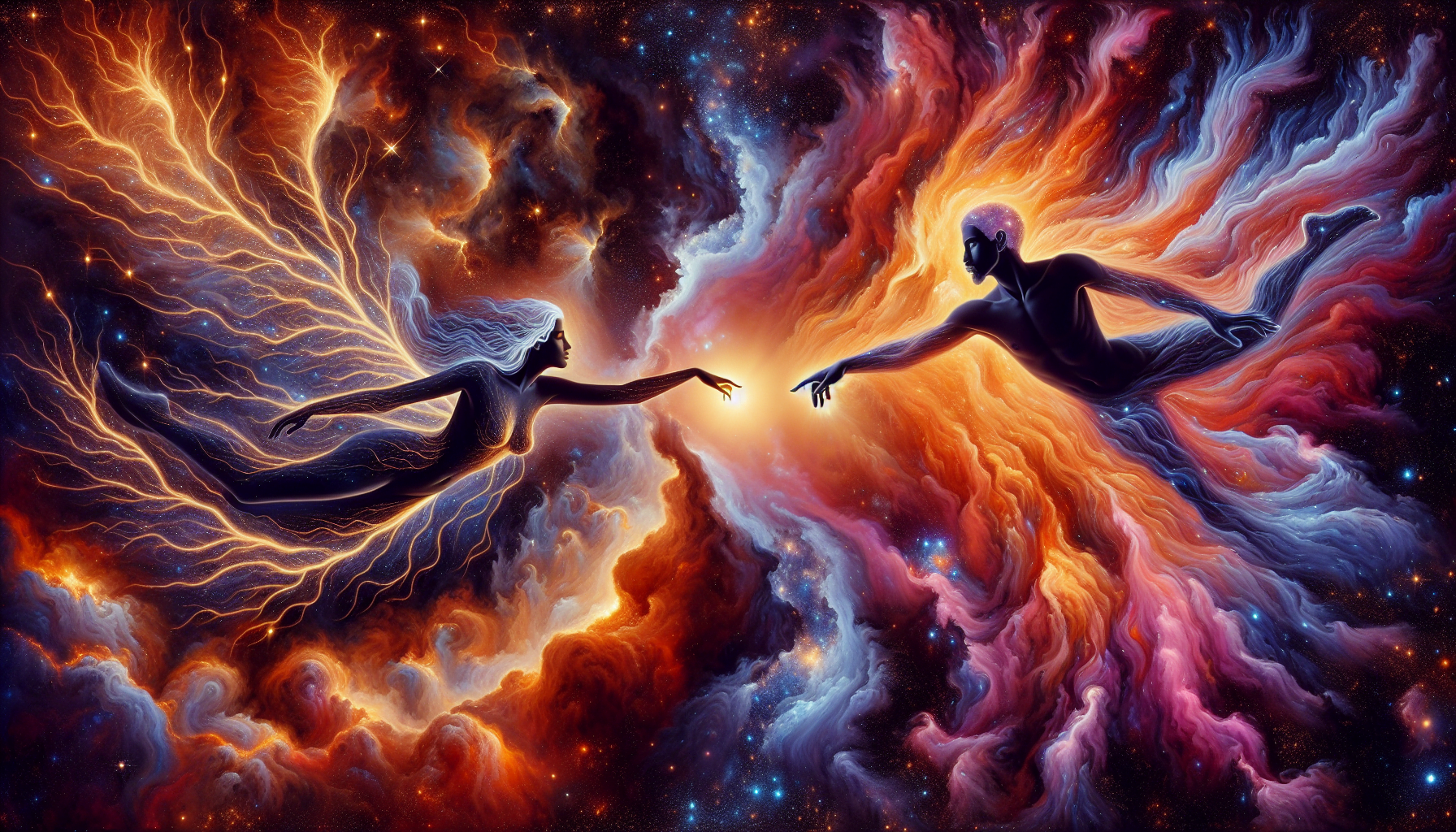 Digital artwork of two human-like figures reaching towards each other in a cosmic setting with swirling orange and purple nebulas.